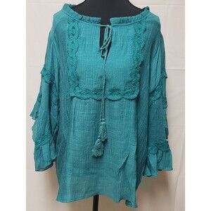 Coco & Carmen Teal Blue Embroidered Tassel Bell Sleeve Blouse  Cottage L/XL NWOT
